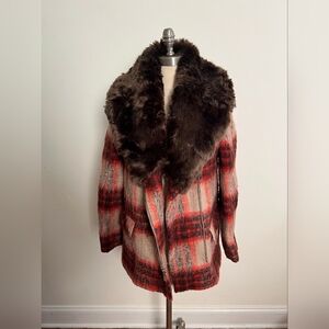 Kenneth Cole New York Red and Brown Plaid Teddy Jacket